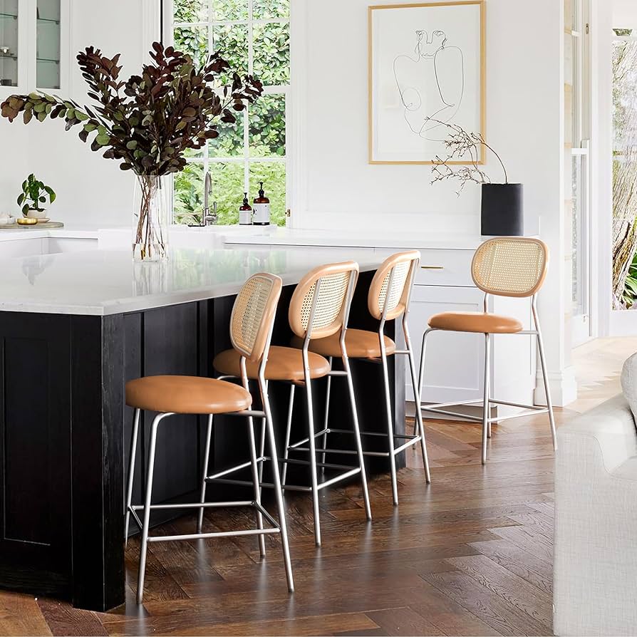 Faux Leather Bar Stools Rattan and Wood Backrest with Metal Leg,Modern Upholstered Round seat Chair Counter Height Barstools for Bistro Home Office Restaurants,24",Whiskey Brown