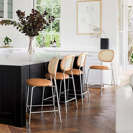 Faux Leather Bar Stools Rattan and Wood Backrest with Metal Leg,Modern Upholstered Round seat Chair Counter Height Barstools for Bistro Home Office Restaurants,24",Whiskey Brown