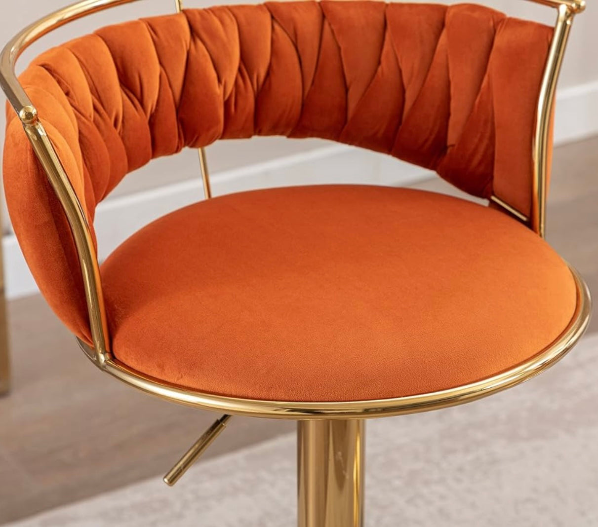 Modern Swivel Bar Stools Velvet Adjustable Height Barstools Low Back Kitchen Island Counter Bar Chair with Golden Base, Orange.Set of 1