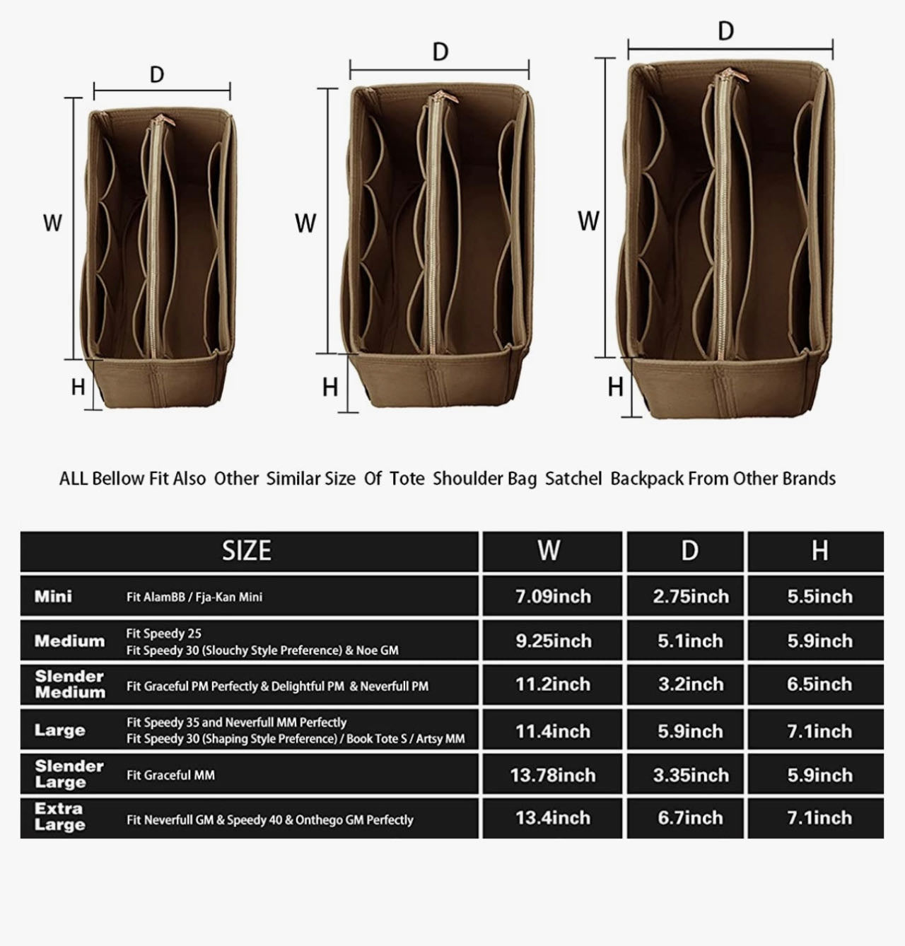 Purse Organizer Insert, with zipper, Handbag & Tote Shaper,Brown