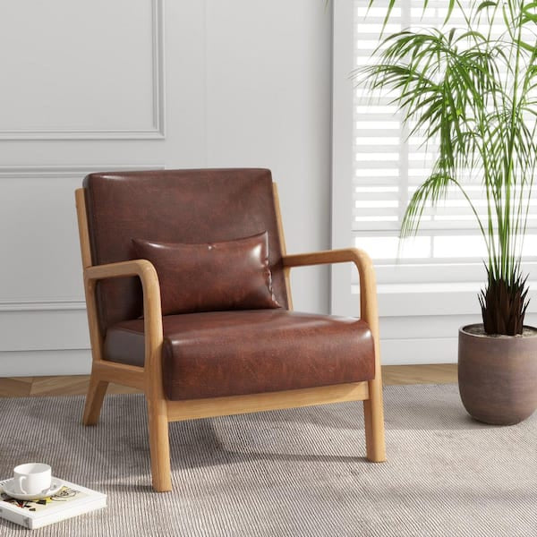 Modern Coffee Faux Leather Wood Frame Upholstered Accent Arm Chair (Set of 1)