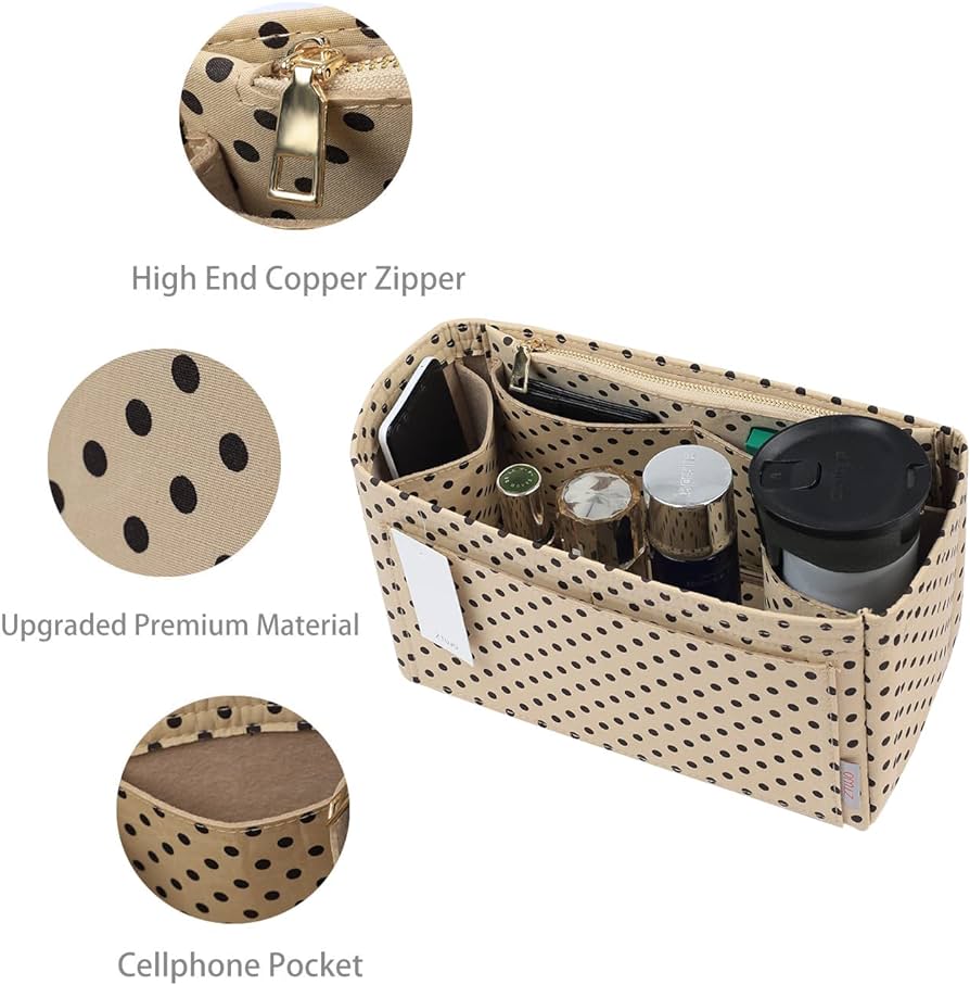 Purse Organizer Insert, Felt Bag Organizer with Metal Zipper, Handbag & Tote Shaper, For Speedy Neverfull Tote.Brown polk dots Beige
