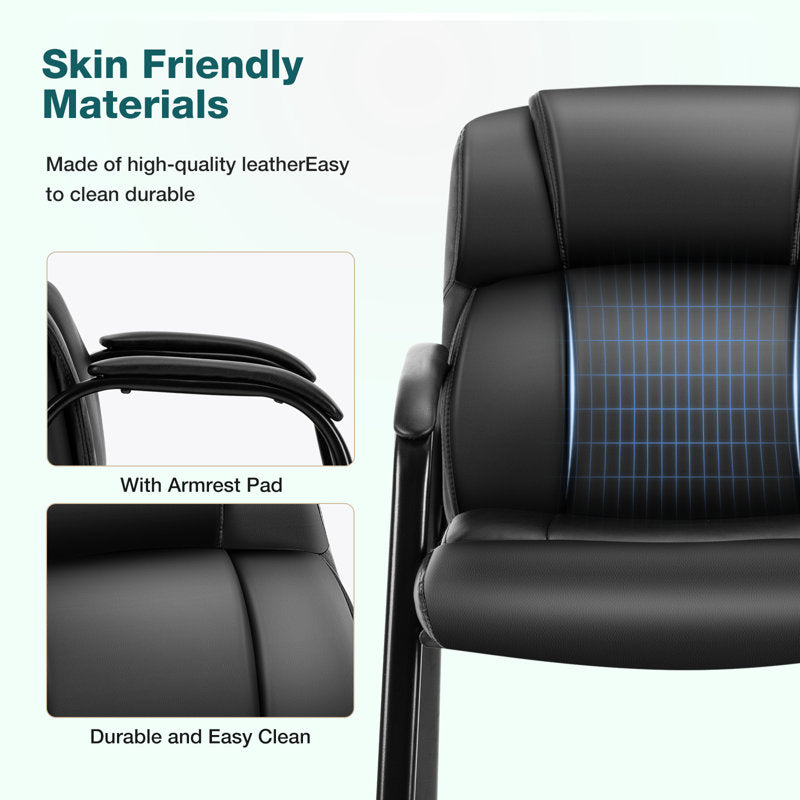 Reading Guest Chair - Black | Leather | Padded Arm Rest | Stackable Leather Seat Waiting Room Chair with Metal Frame