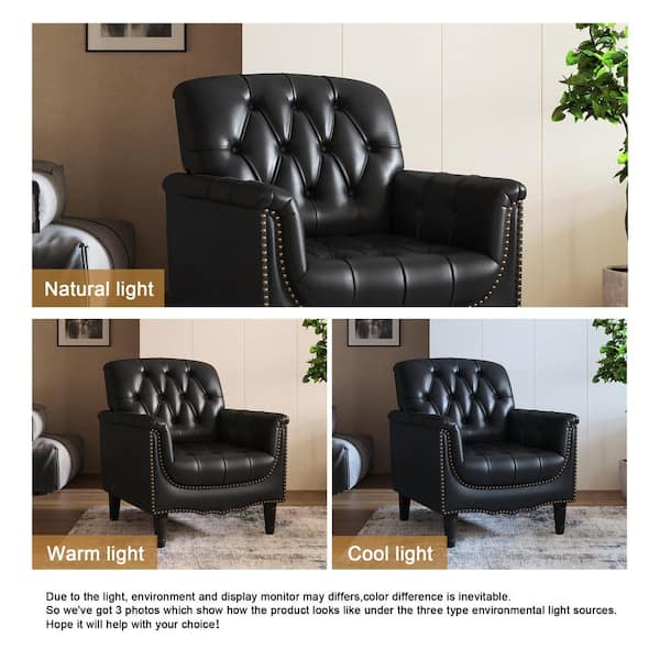 Mid-Century Black Faux Leather Button Tufted Accent Arm Chair with Wood Legs (Set of 1)