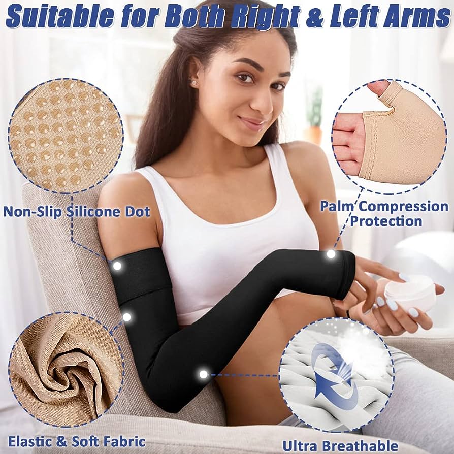 Lymphedema Medical Compression Arm Sleeve with Gauntlet for Men & Women (Single), 20-30 mmHg Full Arm Support with Dot Silicone Band, Graduated Compression Arm Brace for Swelling, Arthritis