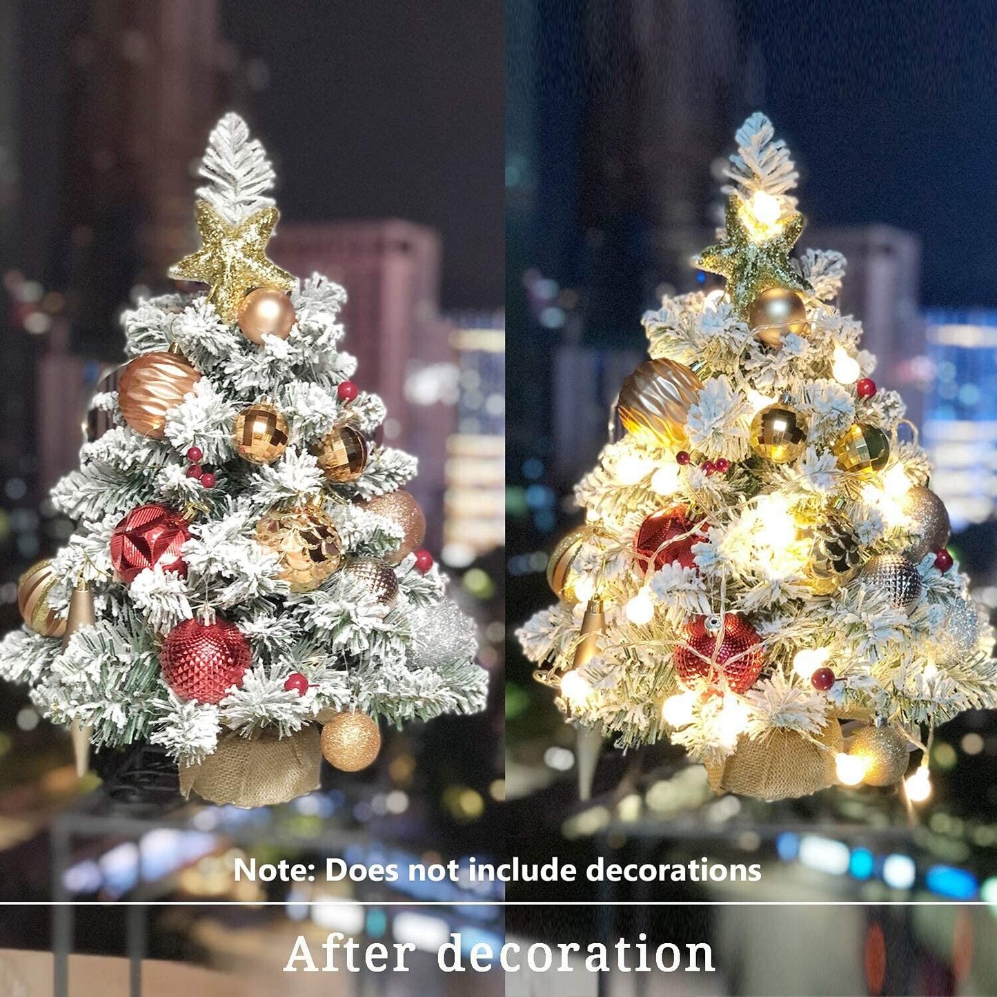 Pre-Lit Artificial Mini Christmas Tree,20 Inch Snow Flocked Artificial Pine Xmas Tree with 40 LED Lights,70 Branch Tips,Desktop Christmas Tree Burlap Base-(50cm)