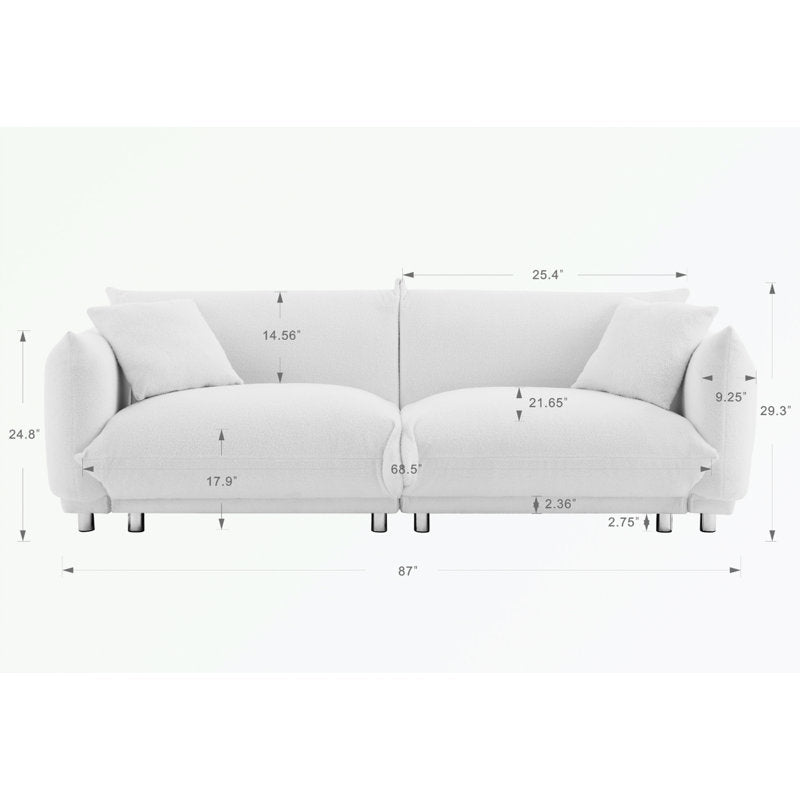 87 inch Modern Sofa, Teddy Comfy Sofa Couch with 2 Pillows, Upholstered Deep Seat Sofa, Oversized Sofa with Metal Legs for Small Space Office Apartments Bedroom Living Room (Blue)