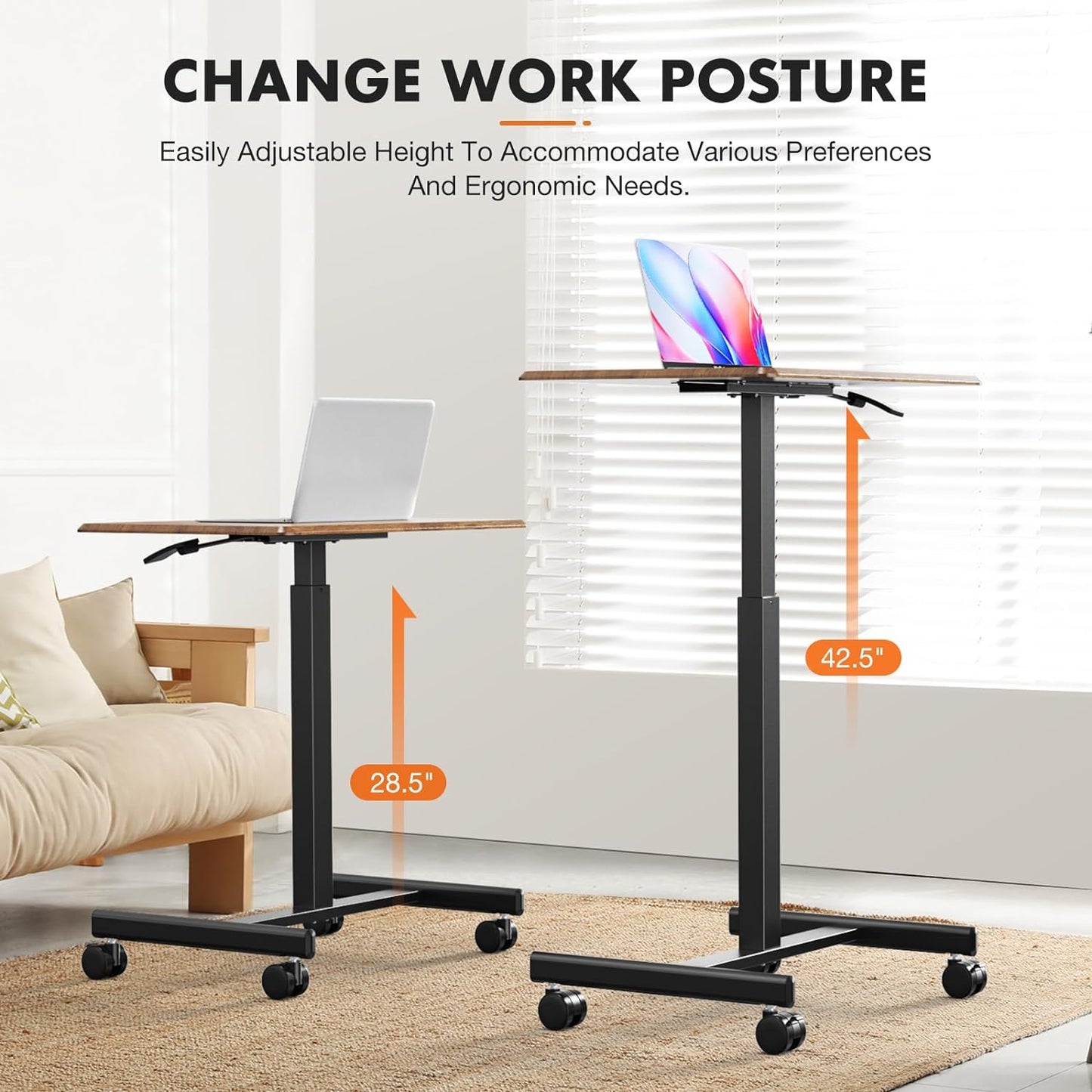 Mobile Small Stading Desk - Sit Stand Desk, Portable Rolling Laptop Desk with Lockable Wheels, Computer Workstations, Adjustable Height