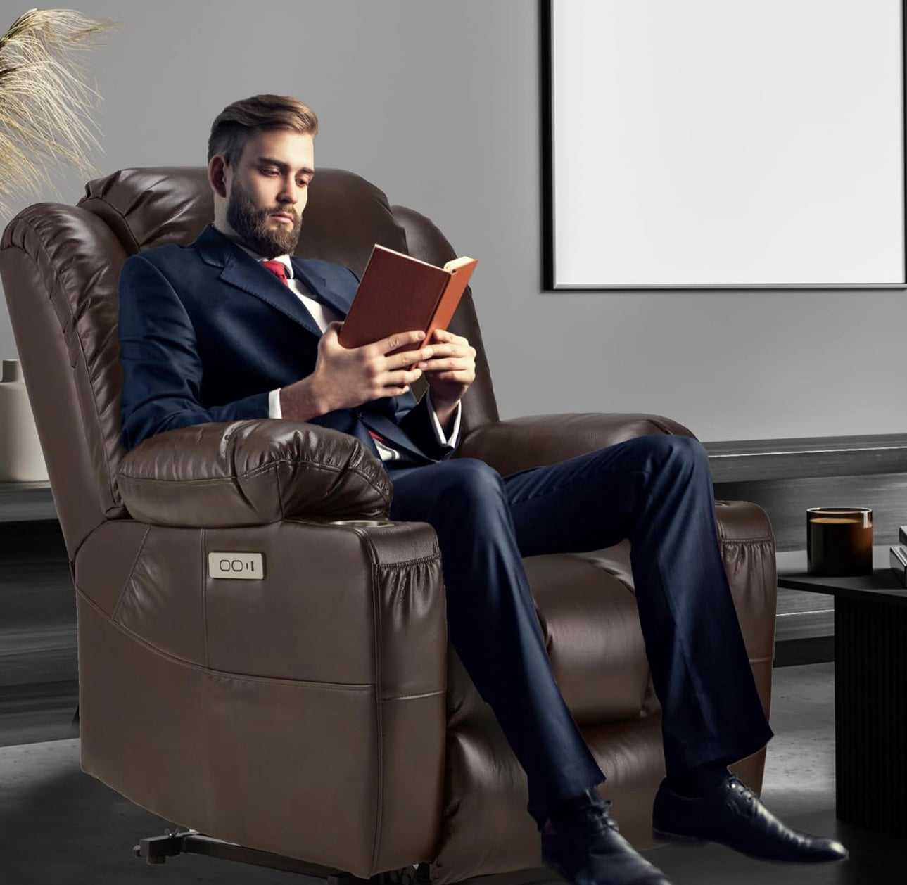 Large Power Lift Recliner Chair with Massage and Heat for Elderly, Overstuffed Wide Recliners, Genuine Leather with Breathable microporous, USB Ports, 2 Cup Holders (Brown)