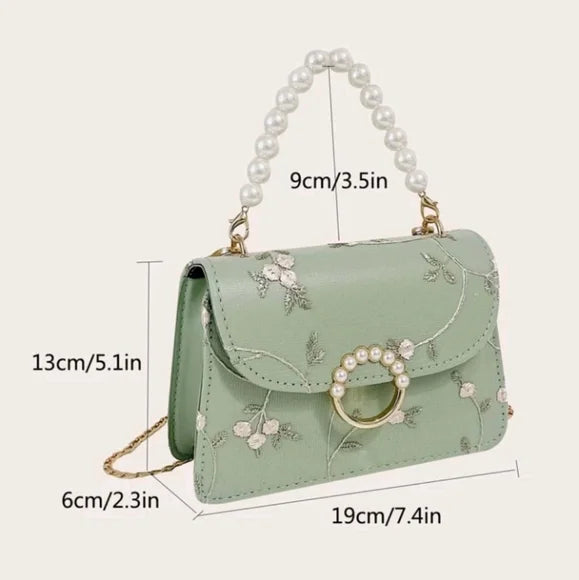 Faux Pearl Handle Top Green Floral Embroidery crossbody mini bag