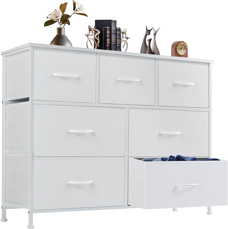 Dresser for Bedroom with 7 Drawers, Storage Organizer Units Furniture, Chest Tower TV Stand with Fabric Bins, Metal Frame, Wooden Top for Nursery, Living Room, Kidsroom, Closet