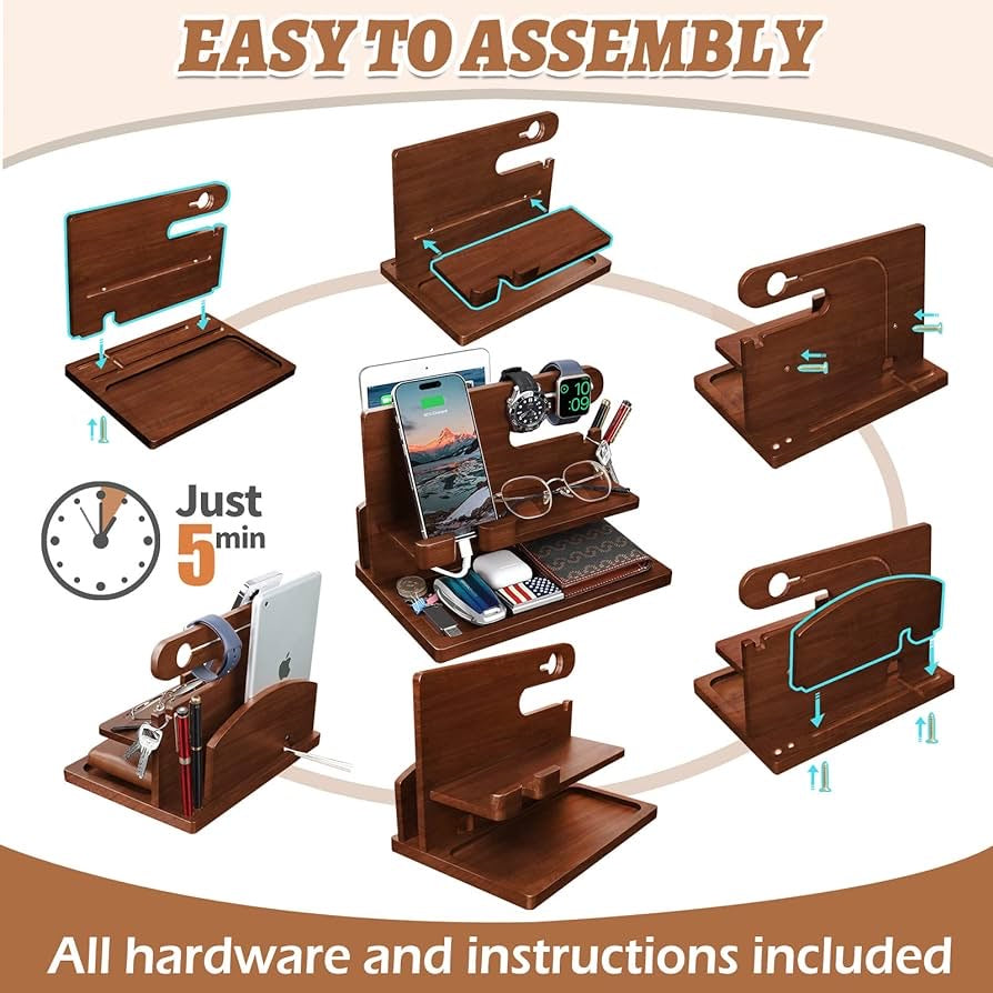 Wood Phone Docking Station - Nightstand Charging Organizer and Cell Phone Stand