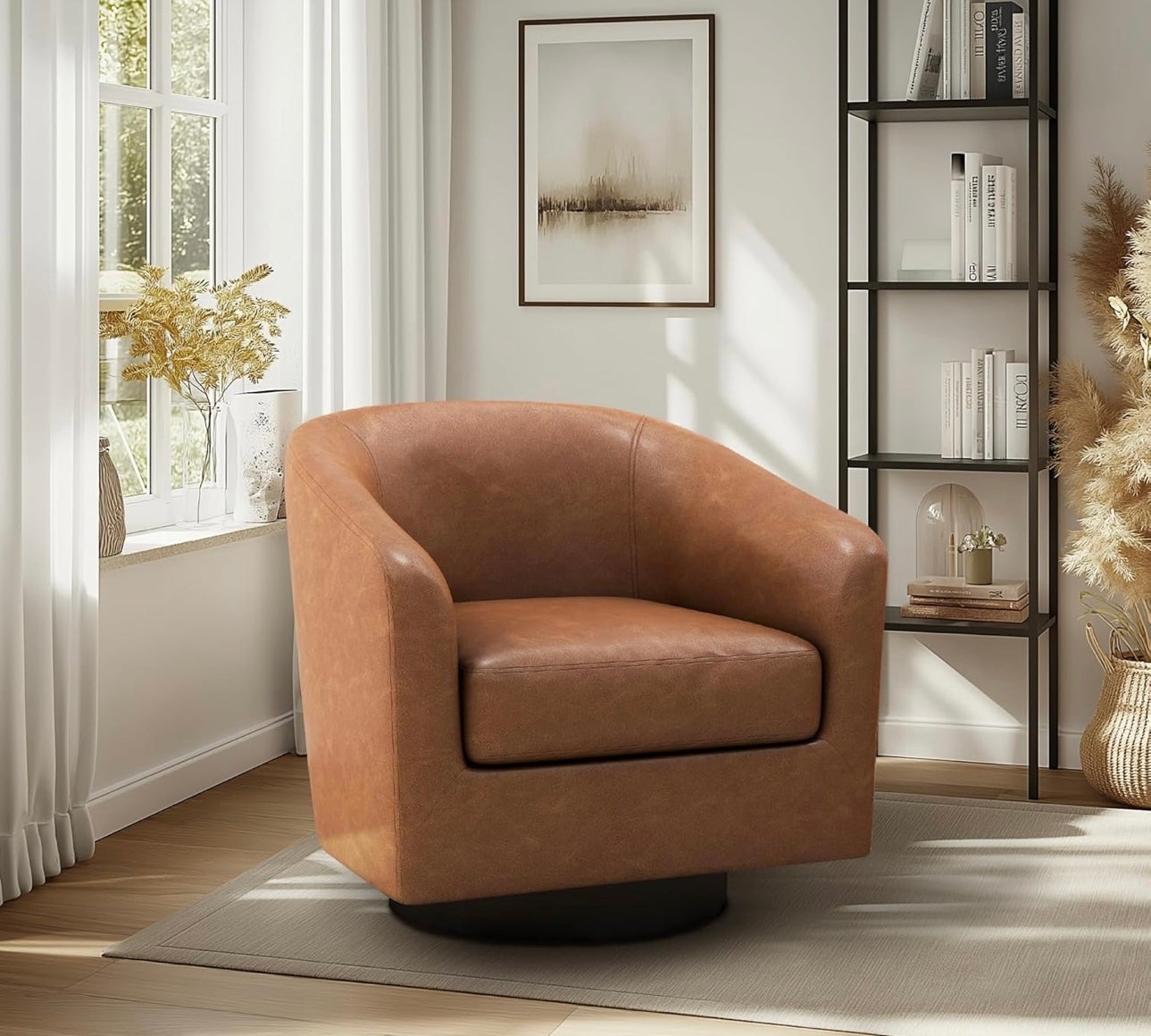 360° Swivel Barrel Accent Chair Armchair, PU Leather Round Club Arm Chair for Lving Room, Modern Upholstered Small Bedroom Single Sofa Seat - Brown