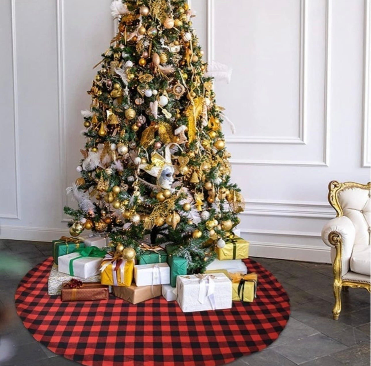 Lapogy Christmas Tree Skirt, 48 Inch Red&Black Buffalo Double Layer Check Plaid
