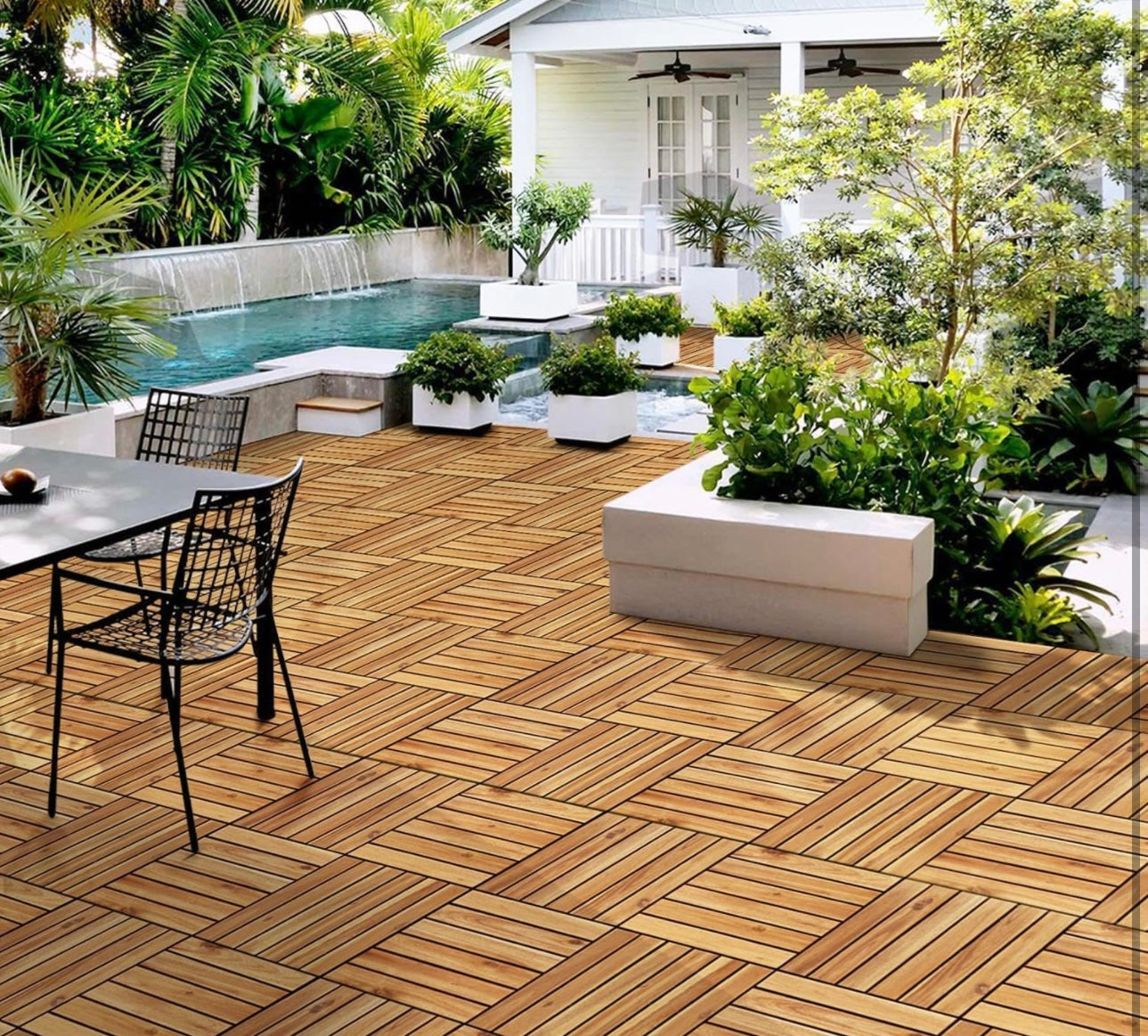 Pack of 9PCS Acacia Wood Interlocking Flooring Tiles Waterproof Flooring for Outdoor & Indoor Patio,Balcony,Garden,Poolside,12 × 12 in