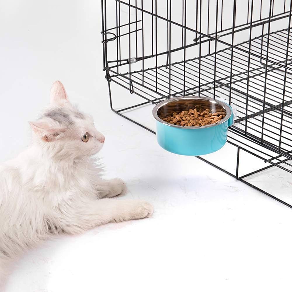 3 PCS Set Crate Dog Food Water Bowls, 2-in-1 Plastic Kennel Bowl & Stainless Steel Pet Bowl, Removable Hanging Cat Food Bowls, Feeder Coop Cup Perfect for Cat, Puppy, Birds, Rats, Ferret, Guinea Pigs.