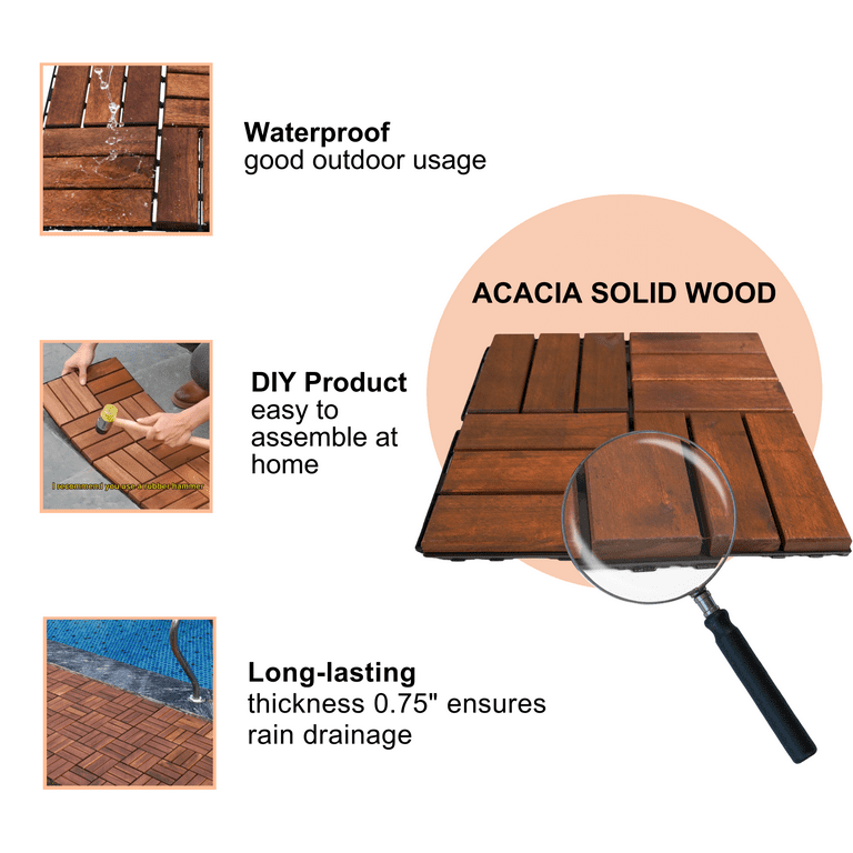 Solid Wood Patio Deck Tiles, Pack of 10, 12"x12" Square Interlocking Flooring Tiles, Acacia Wood Composite Decking Floor Tiles Indoor Outdoor, Floor Tile for Garden Poolside Backyards