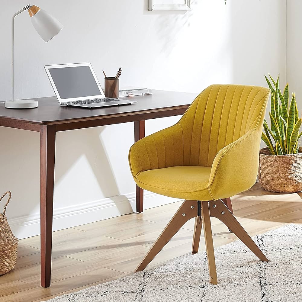 Mid Century Modern Fabric Upholstered Swivel Dining Room Chair with Wood Legs, Leisure Side Chair with Arms for Living Room, Yellow