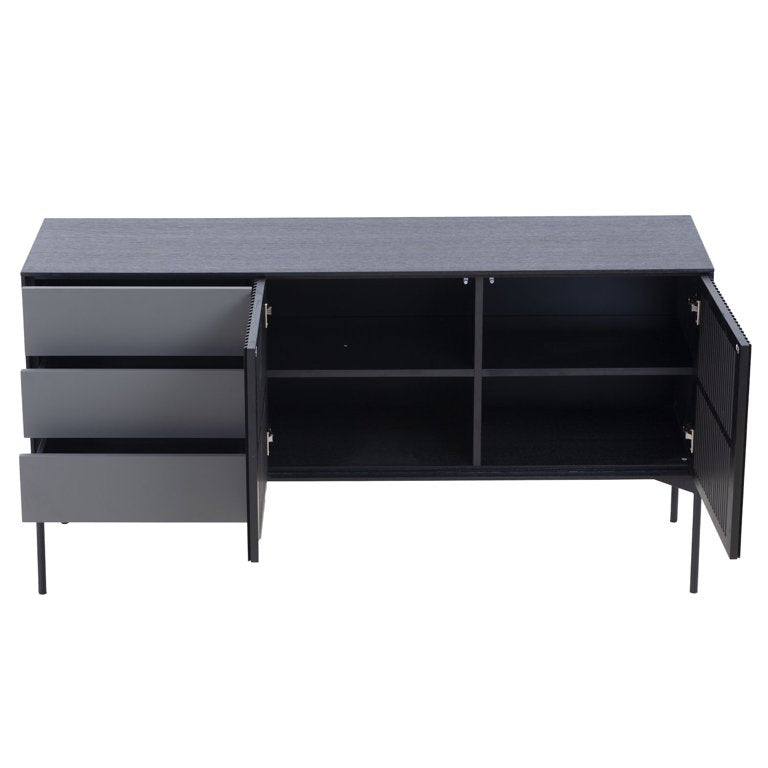 Sideboard Cabinet with 3 Drawers & 2 Doors,Modern Kitchen Buffet Sideboard Storage Console Table with Metal Legs,Buffet Server Cupboard for Living Room Dining Room Entryway,Black