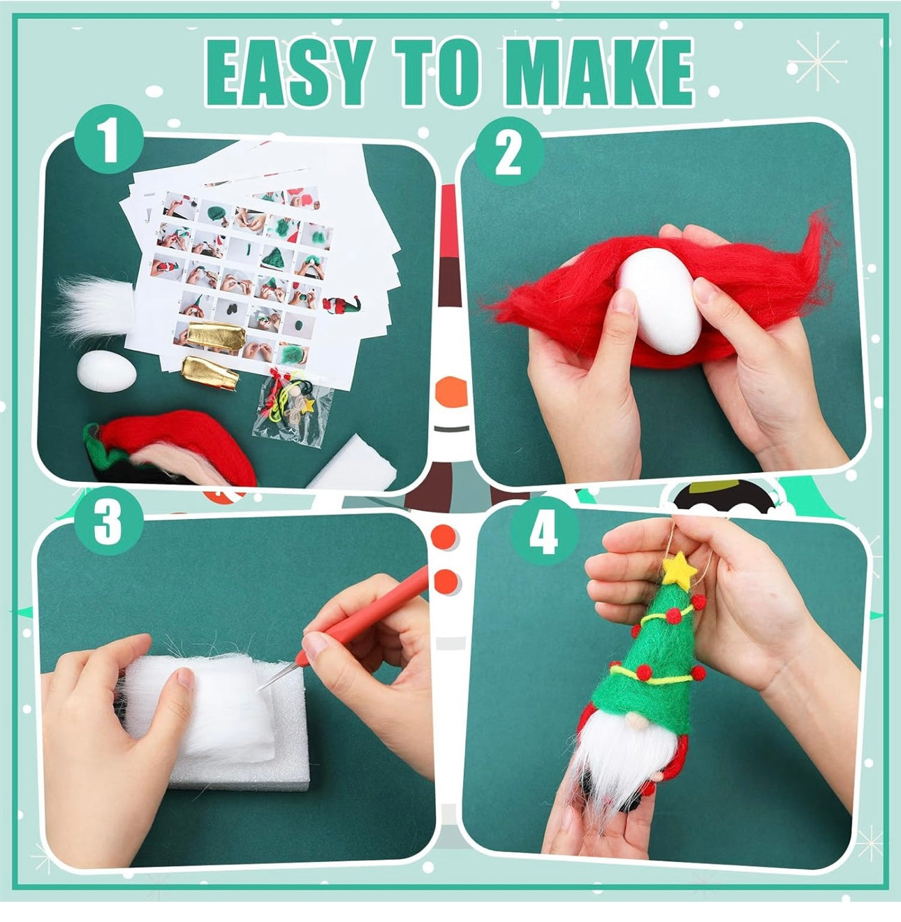 Preboun 4 Pack Christmas Needle Felting Kit Gnome Needle Felting Starter Kit with Basic Felt Tools for Beginners, Adult DIY Wool Needle Felting Supplies with Instructions Xmas Festival Crafts Gift