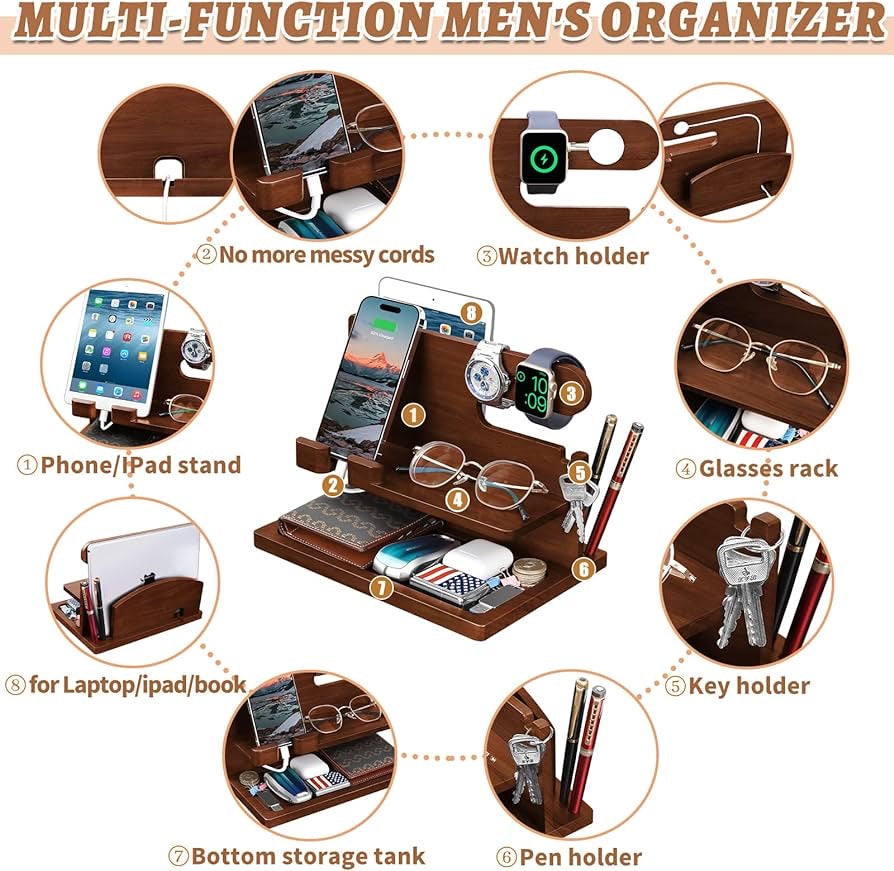 Wood Phone Docking Station - Nightstand Charging Organizer and Cell Phone Stand