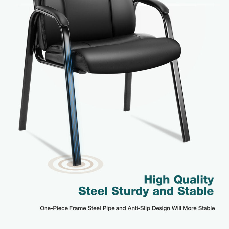 Reading Guest Chair - Black | Leather | Padded Arm Rest | Stackable Leather Seat Waiting Room Chair with Metal Frame