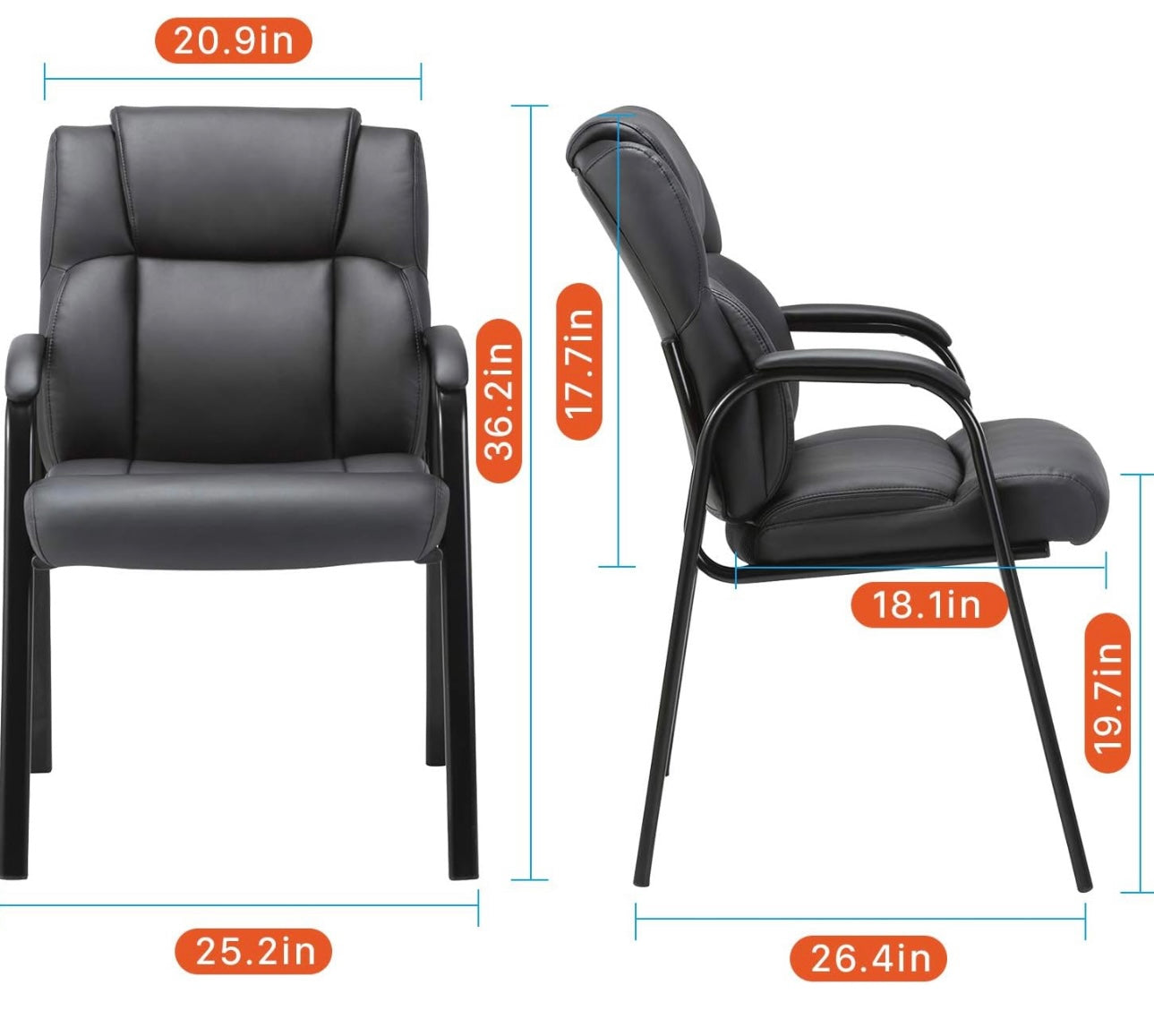 Reading Guest Chair - Black | Leather | Padded Arm Rest | Stackable Leather Seat Waiting Room Chair with Metal Frame