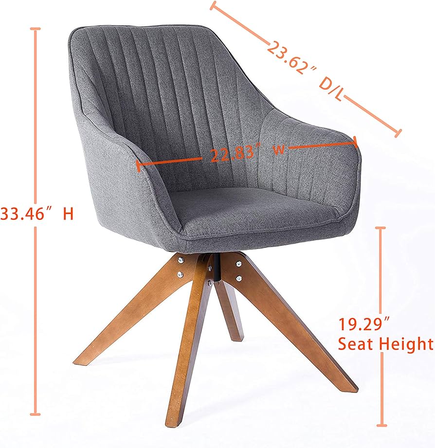 Mid-Century Modern Swivel Accent Chair with Beech Wood Legs, Grey Upholstered Cute Desk Chair Without Wheels for Home Office Living Room Bedroom
