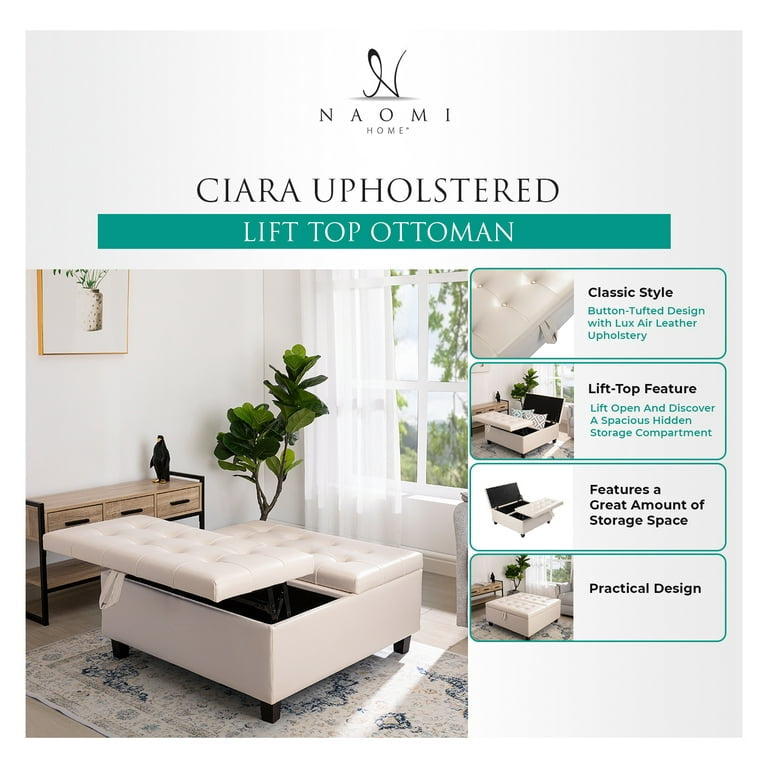 35-Inch Air Leather Tufted Upholstered Lift-Top Ottoman Bench, Large Square Storage Coffee Table for Living Room, Toy Box, Footrest Stool,White Ottoman with Spacious Interior Compartment-Caramel