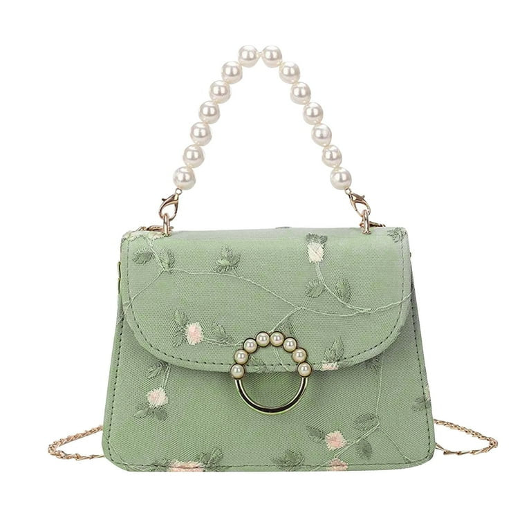 Faux Pearl Handle Top Green Floral Embroidery crossbody mini bag