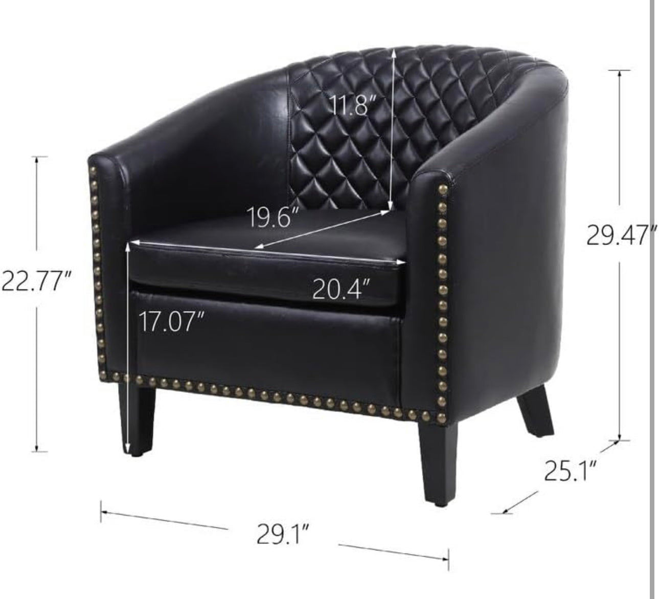 Modern Barrel Accent Chair Round Arm Pu Leather with Nailheads and Solid Wood Legs for Living Room Black Contemporary Finish Includes Hardware