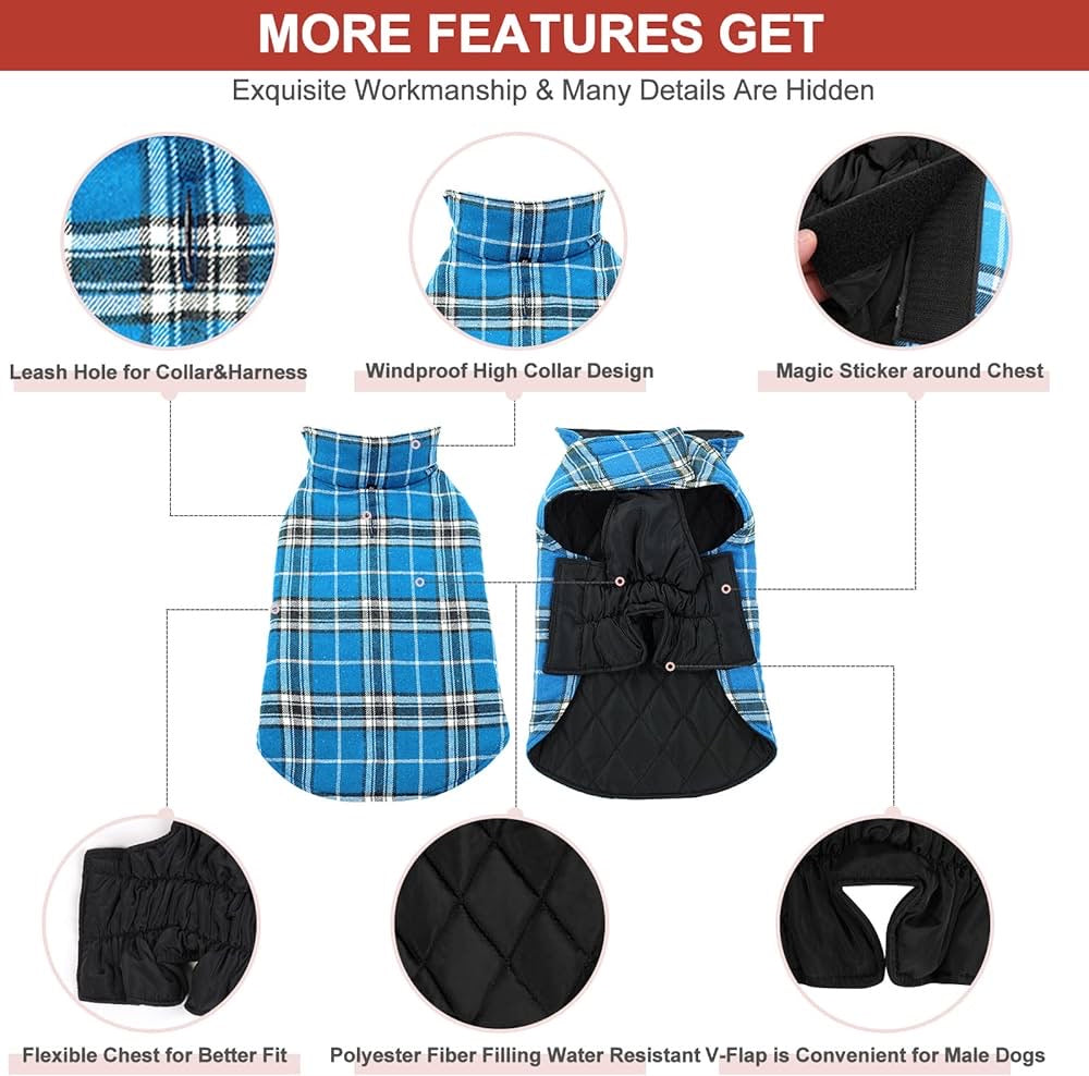 Dog Jackets for Winter, Reversible Dog Coat Windproof Waterproof Dog Winter Jackets for Cold Weather, British Style Plaid Dog Coats Warm Dog Vest for Small Medium Large Dogs,Blue