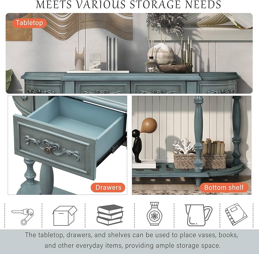 Antique Blue Classic Style Curved Console Table with 4 Drawers and 1 Shelf Semi-Circle MDF Wood Painted