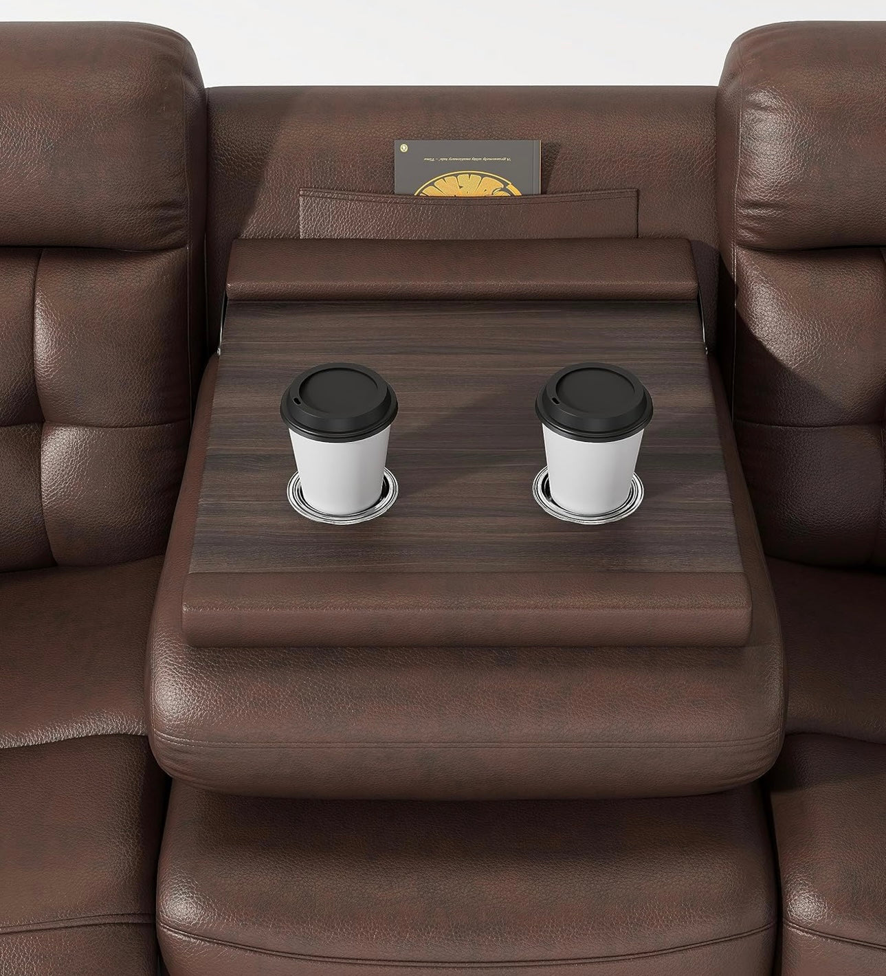 Genuine Leather Manual Reclining Sofa, 3-Seater Couch with Drop Down Table, Cup Holders & Magazine Bag, 3-Seat Dual Recliner Chair for Living Room Home Theater Office, Brown