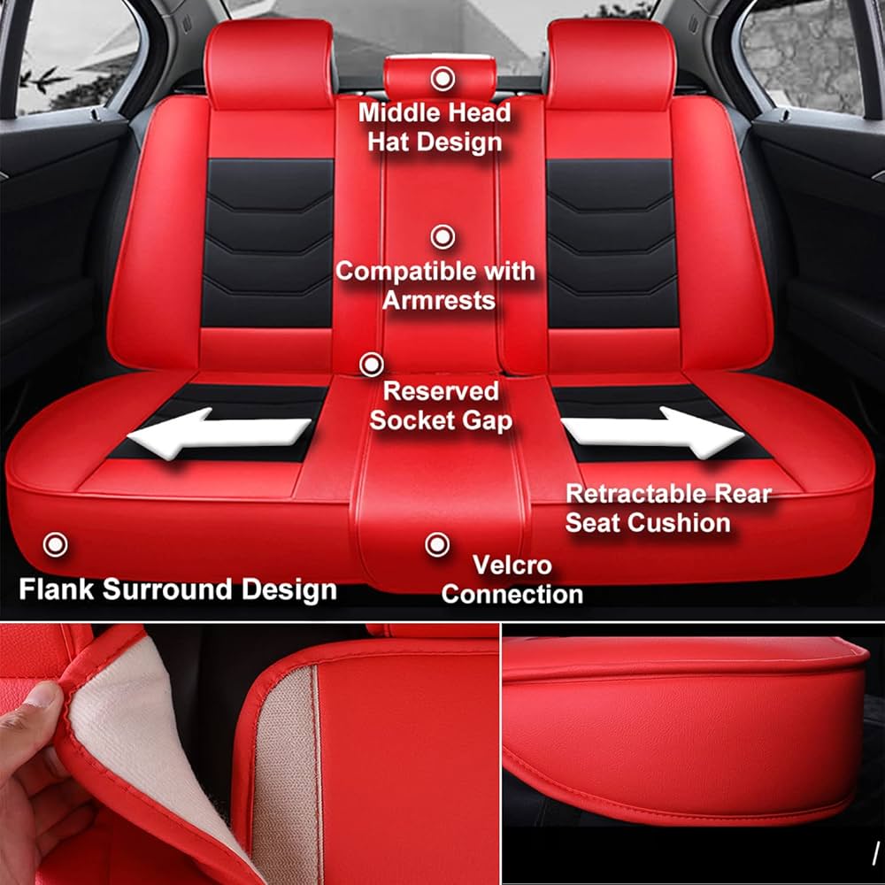 5pcs Universal Car Seat Covers Full Set PU Leather Automotive Vehicle Cushion Cover Full Surround Waterproof Protectors Accessories for Most 5 Seats Cars/SUV/Truck/Vans Red