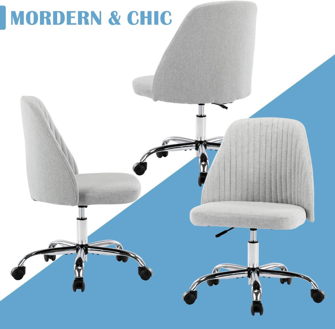 Home Office Chair, Mid-Back Armless Twill Fabric Adjustable Swivel.