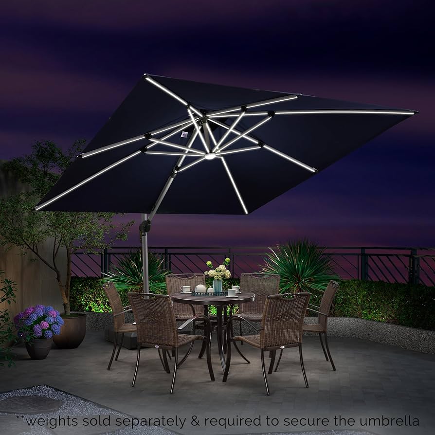 PURPLE LEAF 10 Feet Double Top Deluxe Solar Powered LED Square Patio Umbrella Offset Hanging Umbrella Outdoor Market Garden Umbrella, Including Base. Navy Blue