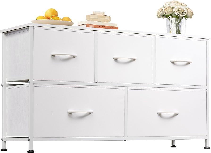 Dresser for Bedroom with 5 Drawers, Wide Chest of Drawers, Fabric Dresser, Storage Organizer Unit with Fabric Bins for Closet, Living Room, Hallway