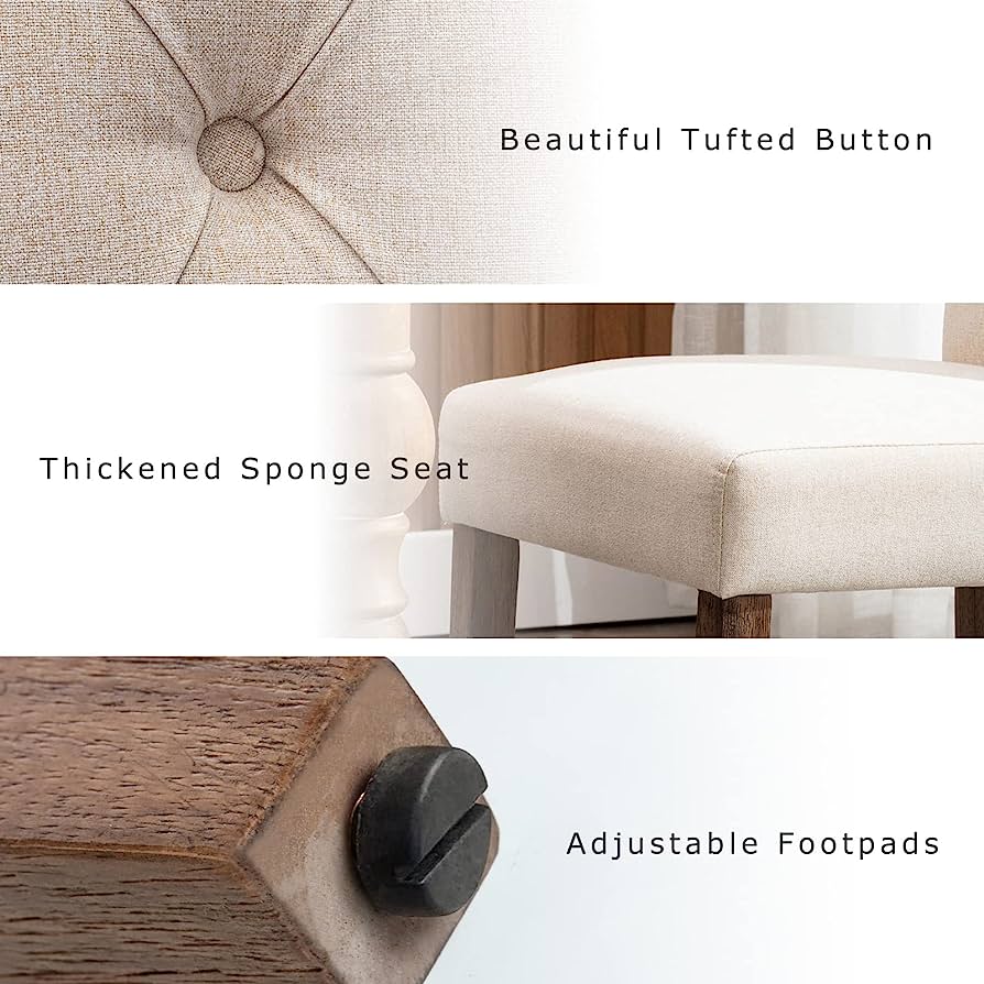 Tufted Dining Chairs. Elegant Fabric Side Upholstered Parsons, Wood legs.Beige