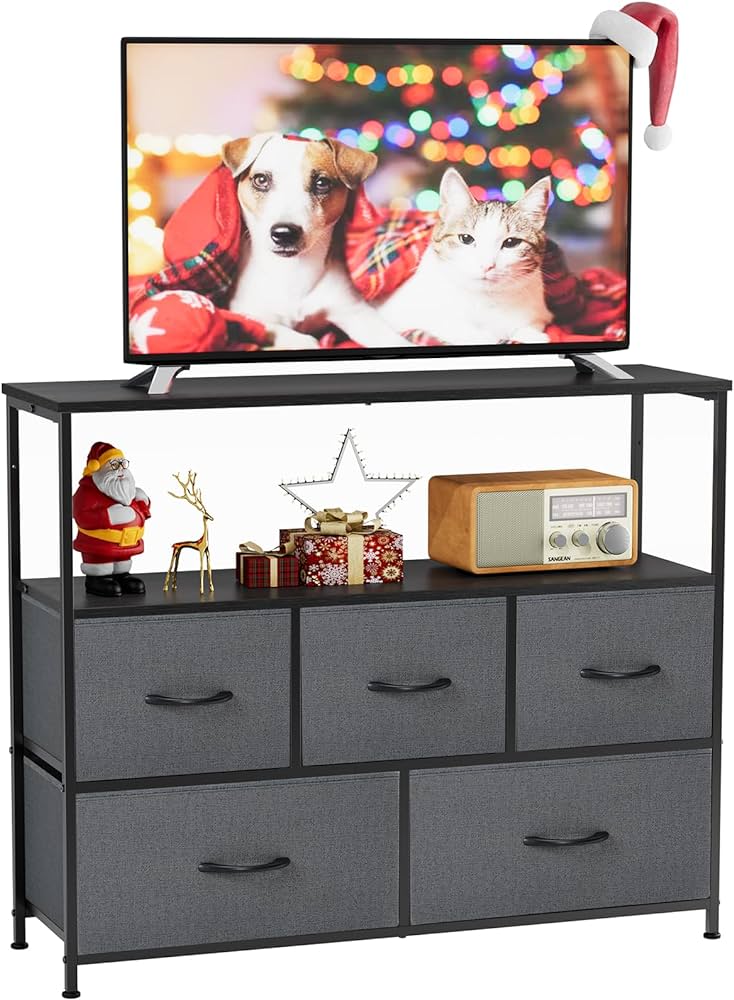 TV Stand for Bedroom, TV Dresser for 45 inches, Media Console Table, ETV Stand for Bedroom, TV Dresser for 45 inches, Media Console Table, Entertainment Center with 5 Fabric Drawers Cabinet and Open Storage Shelf Furniture Cabinet for Living Room, Hallway