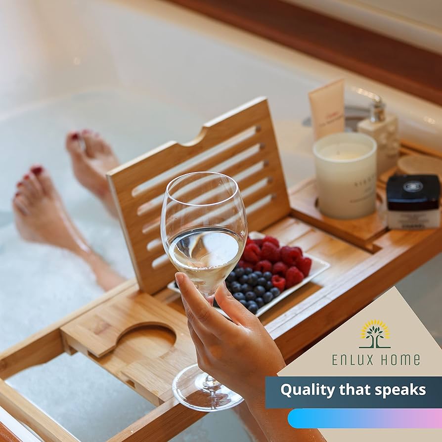 Bamboo Bathtub Caddy Tray, Expandable Bathtub Caddy Tray for Luxury Bath, Includes Cotton Towel, Soap Dish, Wine Glass Slot and Tablet Holder, Best Gift (Bamboo)