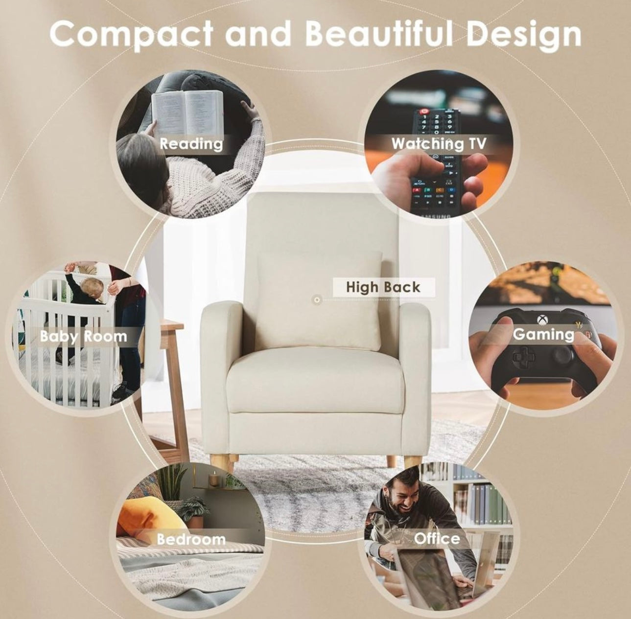 Modern Upholstered Accent Chair Armchair with Pillow, Fabric Side Chair Single Sofa.Beige