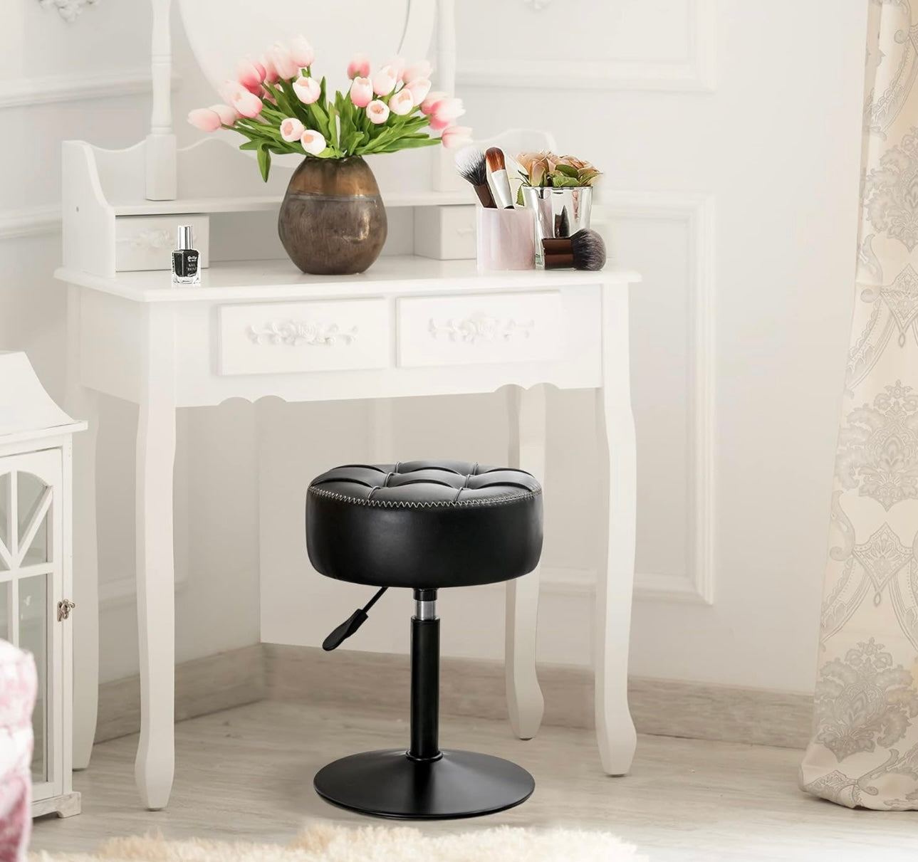 Adjustable Vanity Stool, 360°Swivel Vanity Chair Stool for Makeup Room, Black Stool Chair for Vanity, Small Faux Leather Vanity Stool for Bathroom, Living Room
