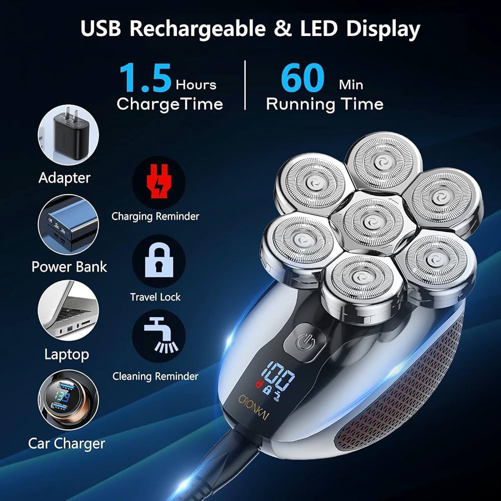 Bald Head Shaver PGI-Tech Pro Upgraded 7D Head Shavers for Bald Men LED Display IPX7 Waterproof Wet/Dry Skull Shaver, Clippers, Nose Trimmer, Face Brush, Massager, Full Head Shaver Travel Kit