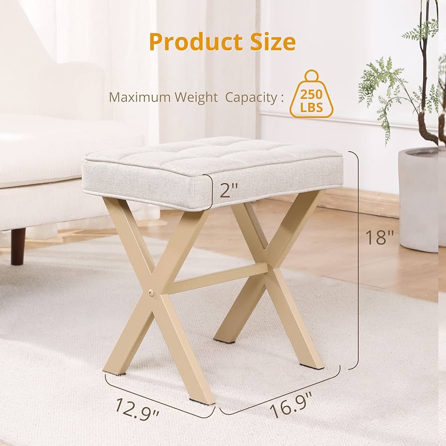 Vanity Stool, Square Linen Makeup Stool with Metal X Legs, Small Ottoman Stool Chair for Vanity, Modern Padded Vanity Seat Foot Rest Stool for Makeup Room, Living Room, Bathroom