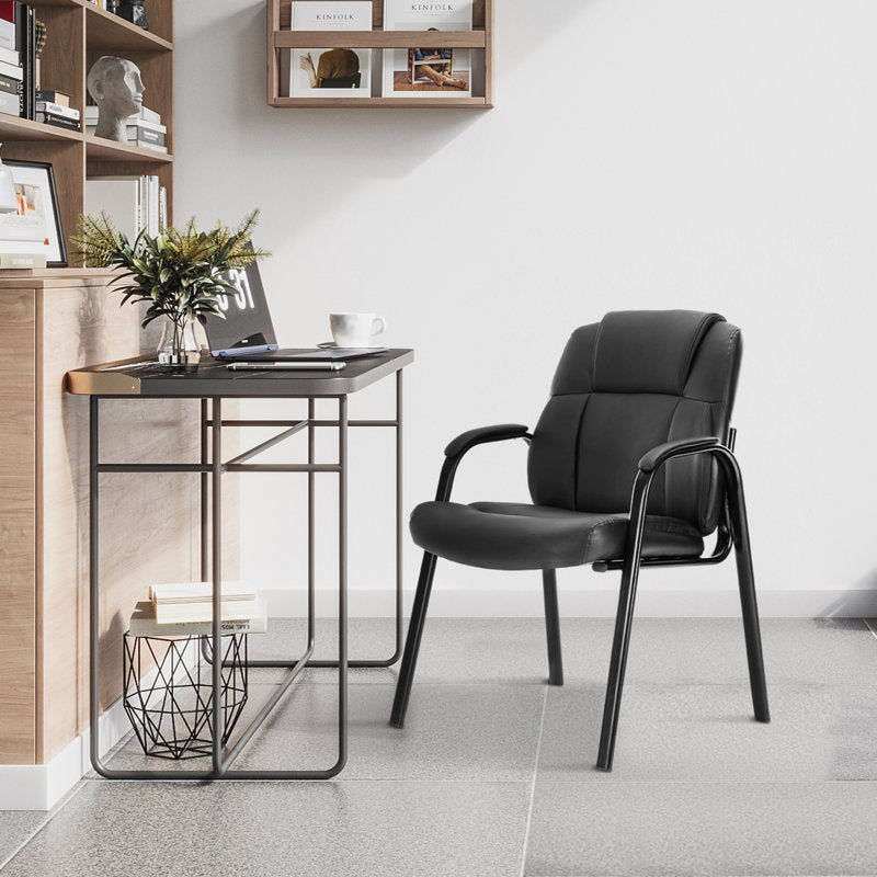 Reading Guest Chair - Black | Leather | Padded Arm Rest | Stackable Leather Seat Waiting Room Chair with Metal Frame