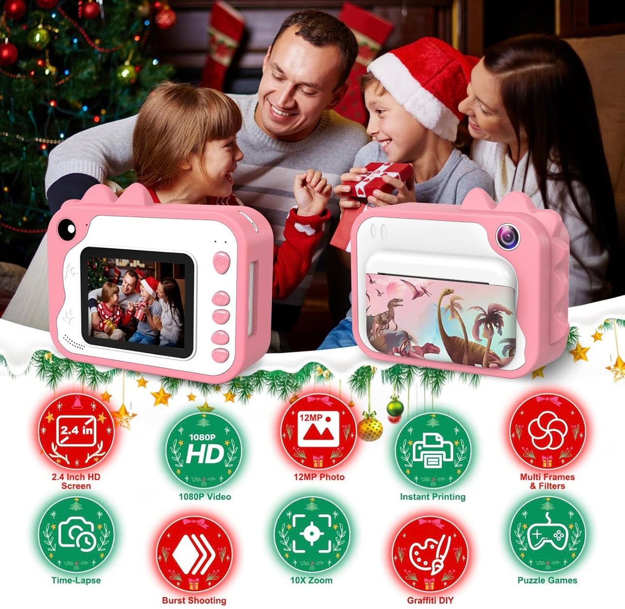 Kids Instant Print Camera with 3 Rolls Print Paper Toddler Zero Ink Video Camera Learning Toy Camera Gifts for Birthday Christmas Holiday Travel
