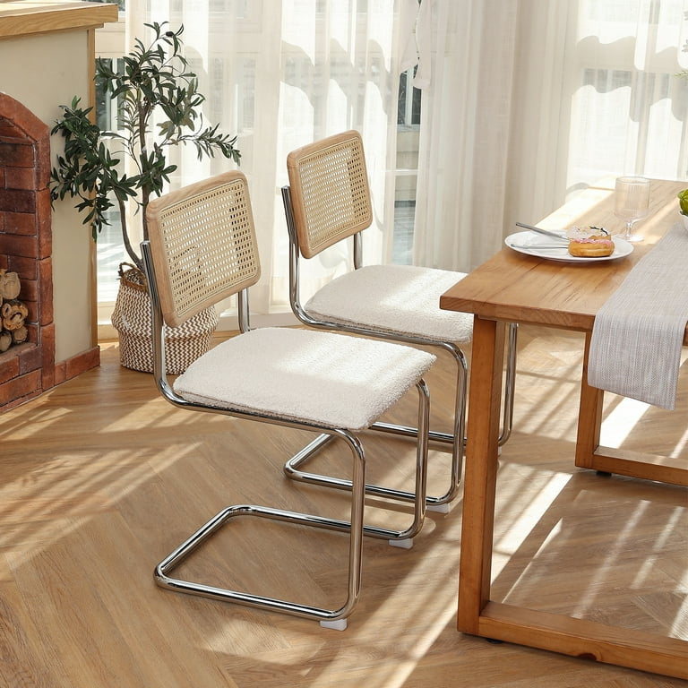 Rattan Dining Chairs Set of 2, Boucle Dining Chair with Cane Back and Chrome Legs, Mid-Century Modern Upholstered Side Chair for Dining Room, White