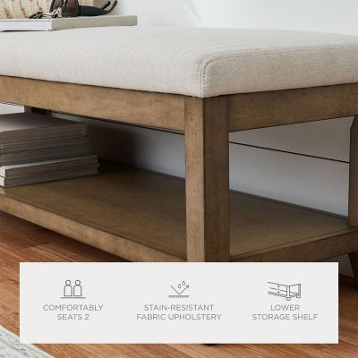 Westport Beige Fabric Upholstery and Wood Bench with Lower Storage Shelf