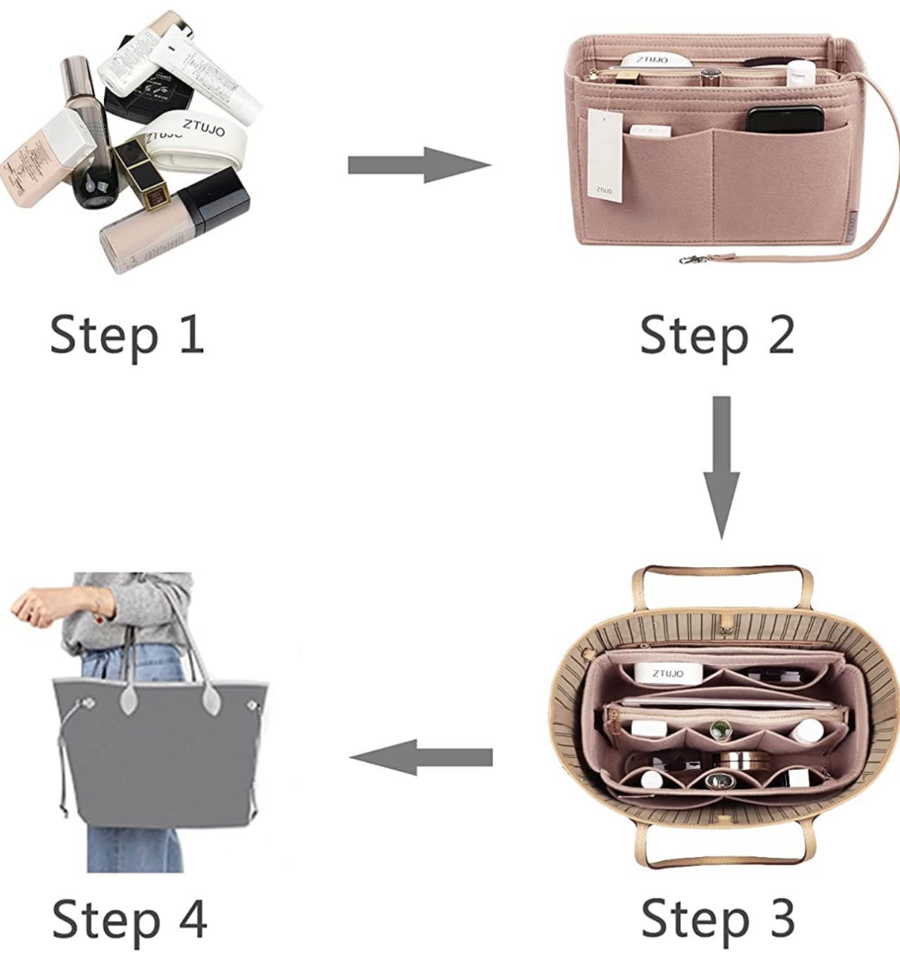 Purse Organizer Insert, with zipper, Handbag & Tote Shaper,Beige